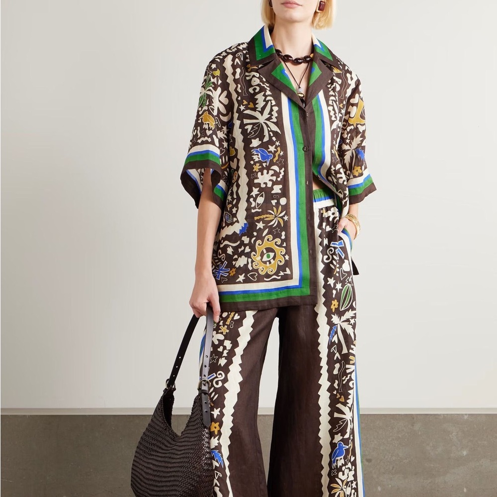 Zimmermann Printed Wide-Leg Jumpsuit in Brown with Blue & Green Trim Set